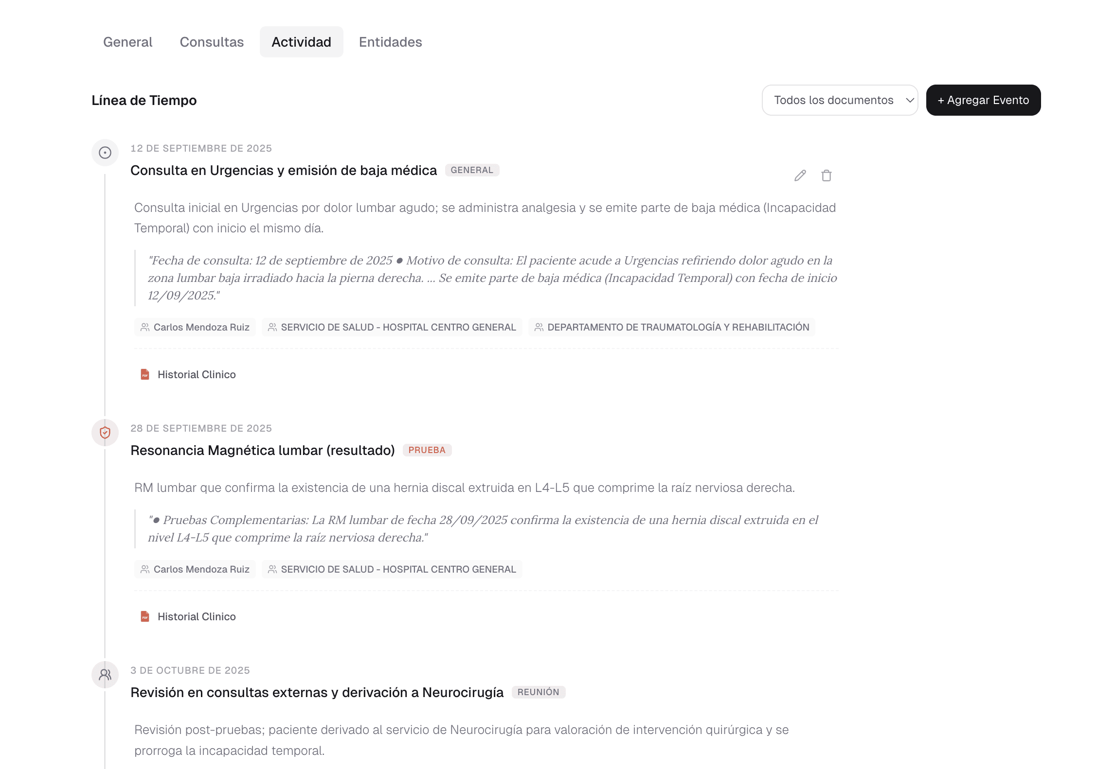 Líneas de tiempo trazables por documento en Normina